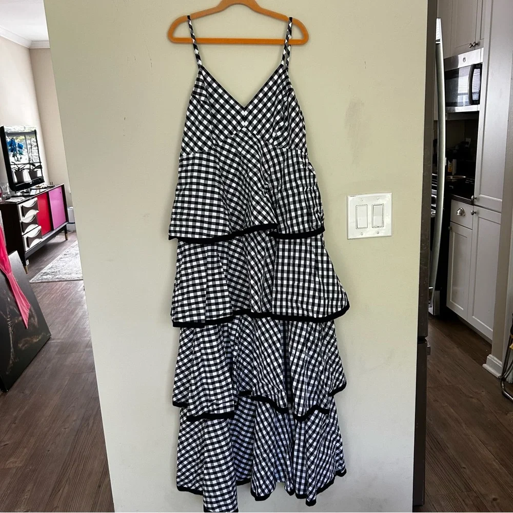 J Crew Spiro Tiered Gingham Cotton Poplin Midi black and white Dress,  size 6
